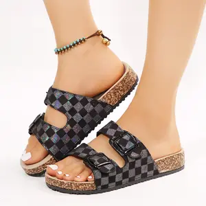 Women's Sandals Shiny Checkered Cork Slippers Indoor Outdoor Shoes Ideal for Beach Days and Summer Evenings