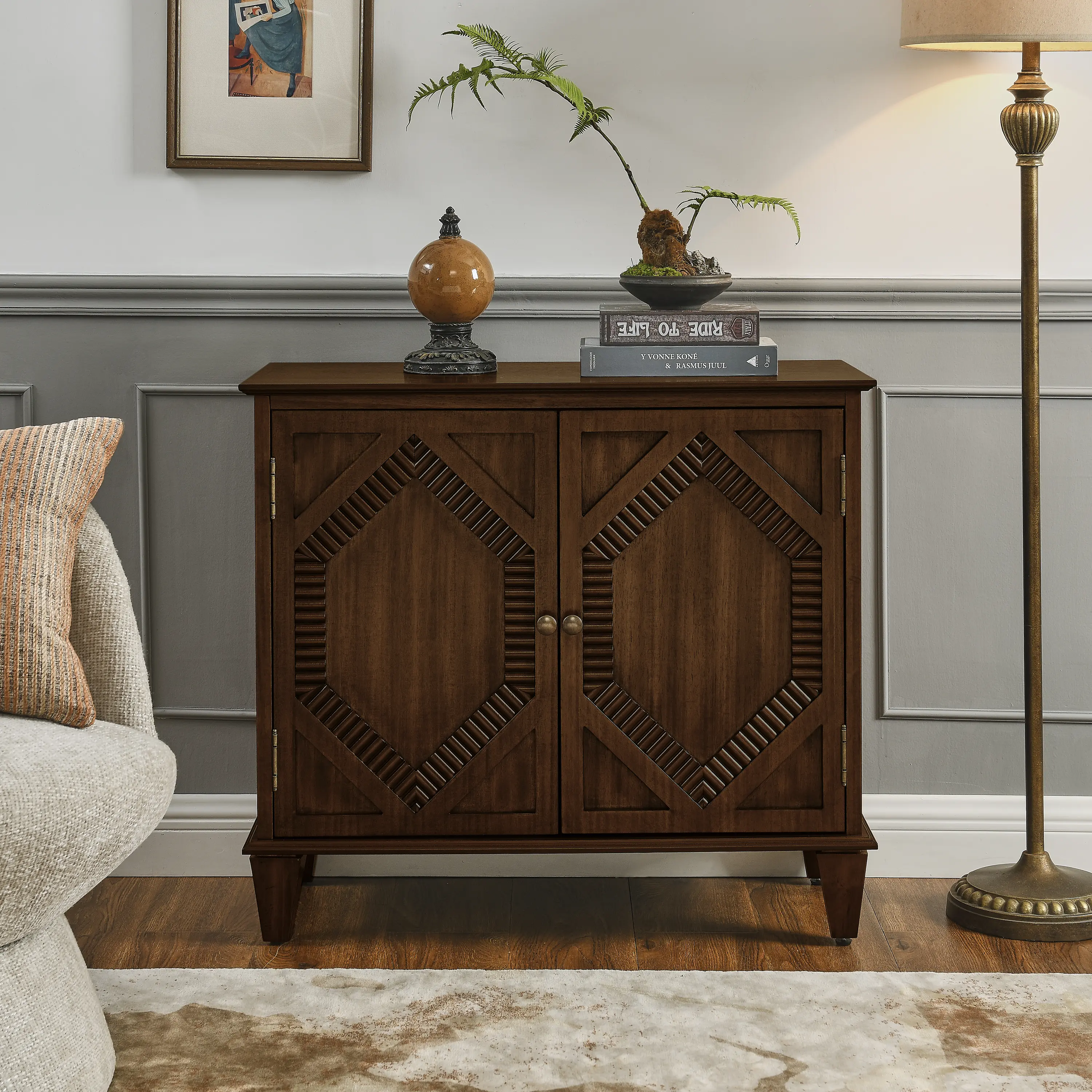 33.6" Retro Wooden Sideboard Buffet Cabinet with Storage, Symmetrical Geometric Accent Display Cabinets, Media Console Credenza for Living Room/Entryway/Dining Room/Kitchen, Antique