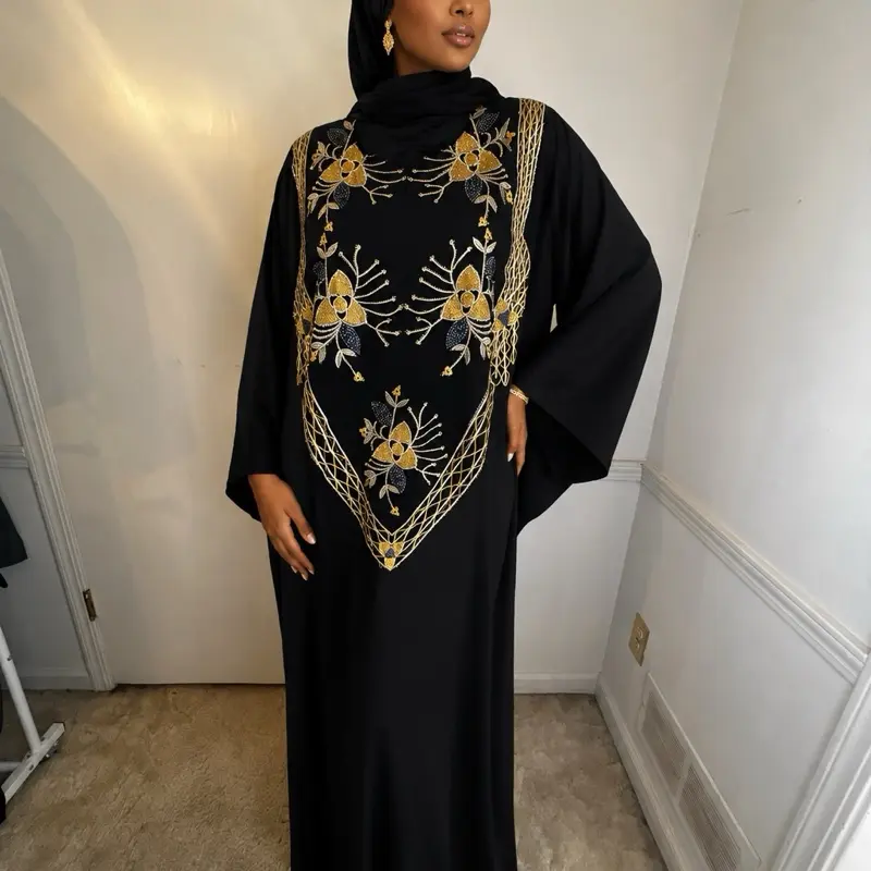 Elegant Black Closed Floral Abaya – Dubai Style