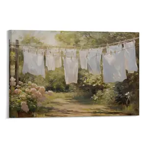 Modern Farmhouse Artwork With Flowers,Laundry Rooms Wall Decor,Sheets Hanging on Clothesline Laundry Rooms Art Print Canvas Poster Bedroom Decor Sports Landscape Office Room Decor Gift Frames Ornaments Decoration Artistic Photo Frame-Style
