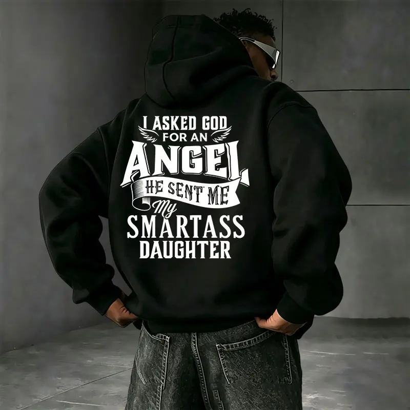 Fun father-daughter themed pullover hoodie with back print, American casual loose fit, dropped shoulders, long sleeves