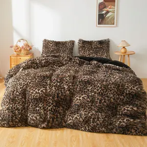 Faux   Print Duvet Cover Set, 1 Plush Fuzzy Soft Leopard Comforter Cover and 2 Furry Pillowcases, 3 count Luxury Farmhouse Shaggy Bedding Set with Zipper, Brown and Black,