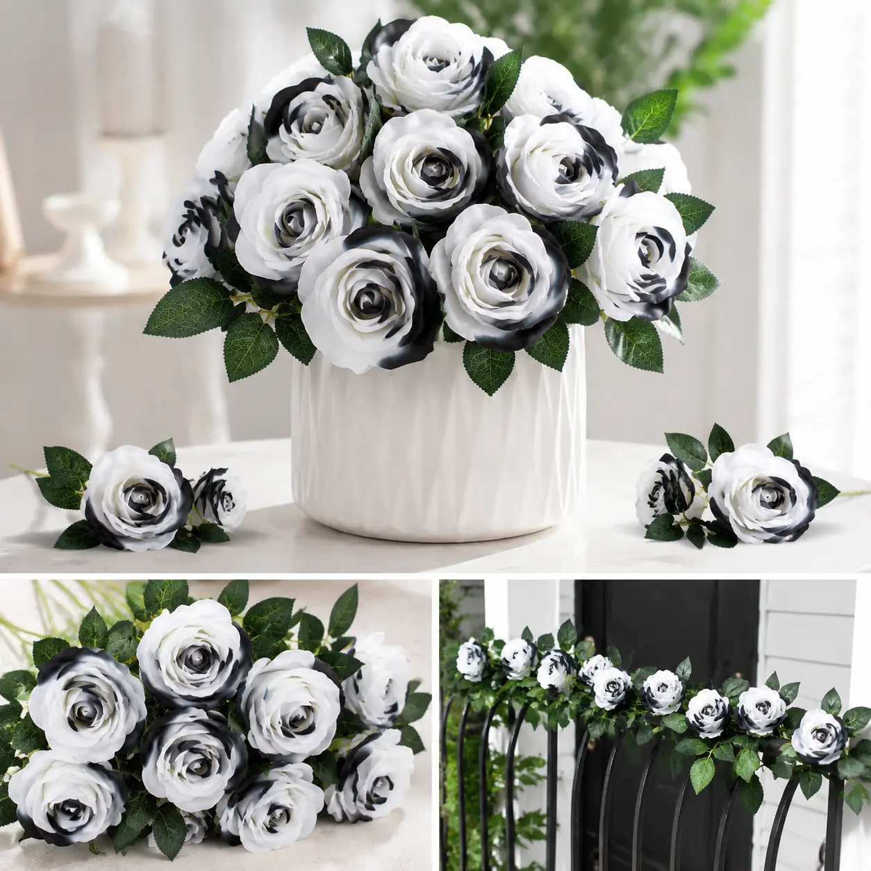 10pcs Black White Artificial Silk Roses Flowers with Long Stems Bouquet for Gothic Halloween Decor Wedding Party Table Centerpiece Home Kitchen Vase Filler