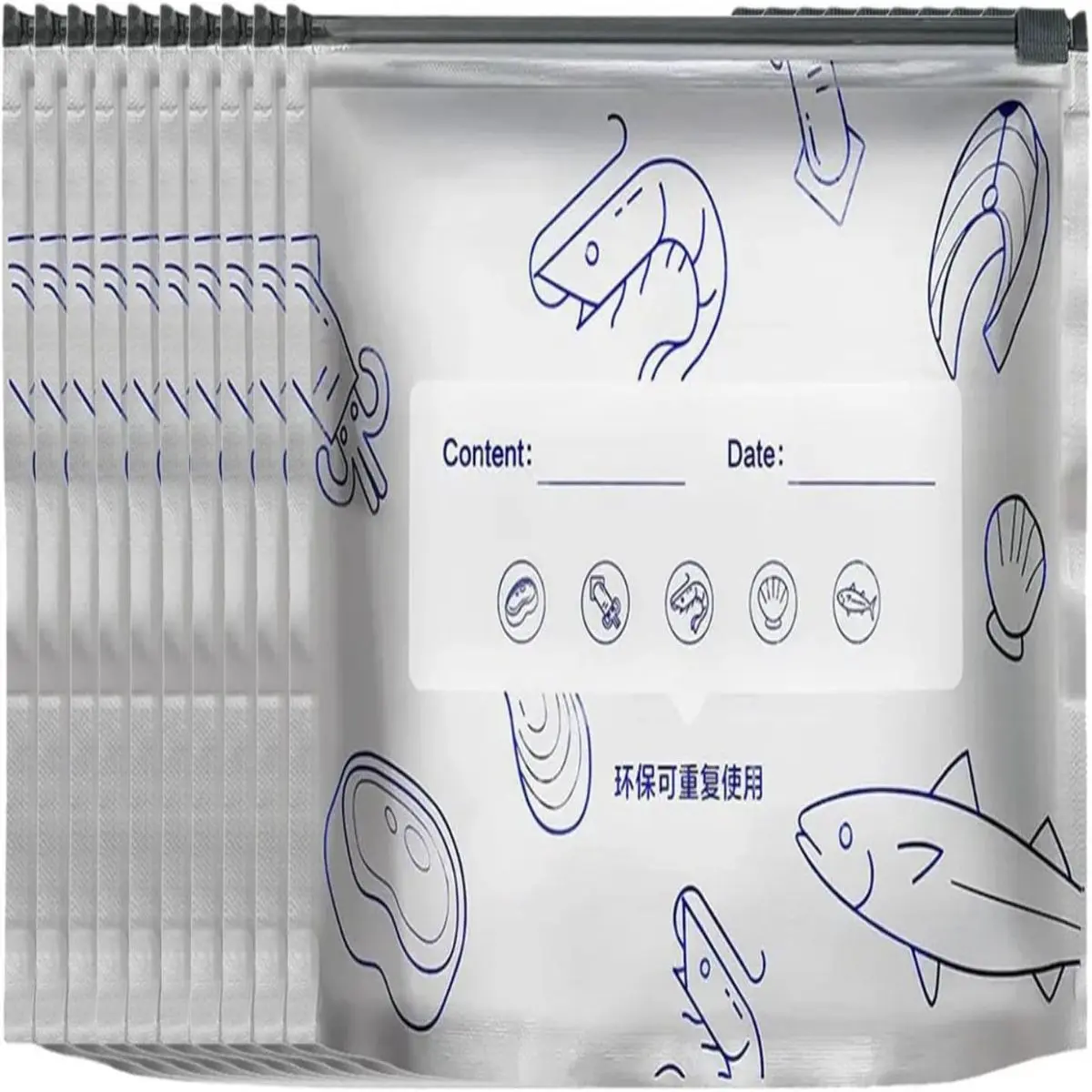 Reusable Aluminum Foil Sealable Storage Bags,Stand Up Freezer Bags With Zipper Lock Label For Food Preservation Vegetables Fruit,Meat,Snacks,Bread,Seafood (10PC Large)