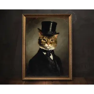 Gentleman Cat Art Poster, Playful Animal Fashion Art, Humorous Art, Victorian-Style Wall Decor, Vintage Cat Painting, Whimsical Animal Decor