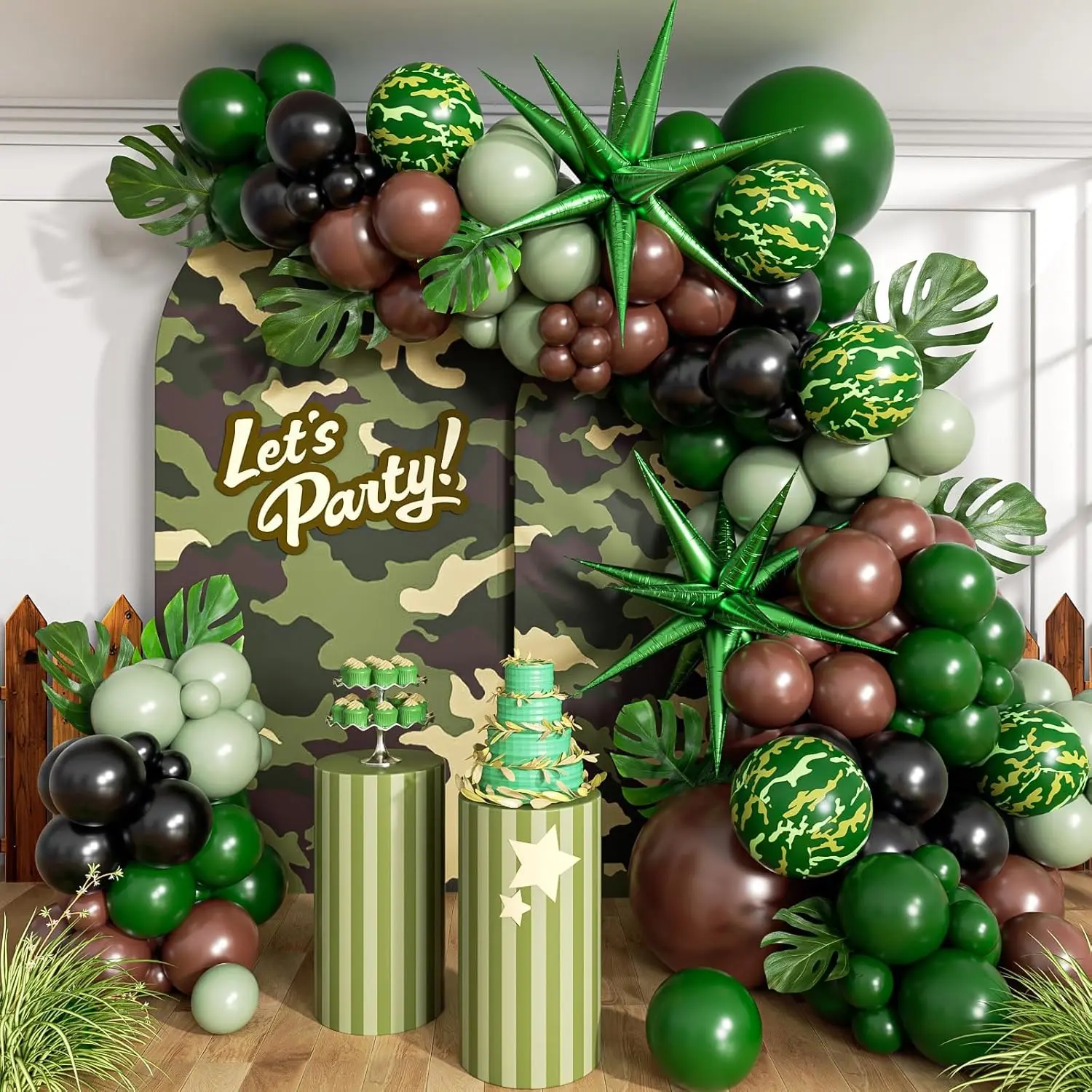 137 Pc Camo Balloon Arch Kit with Green Brown Black Foil Balloons for Jungle Party Decor