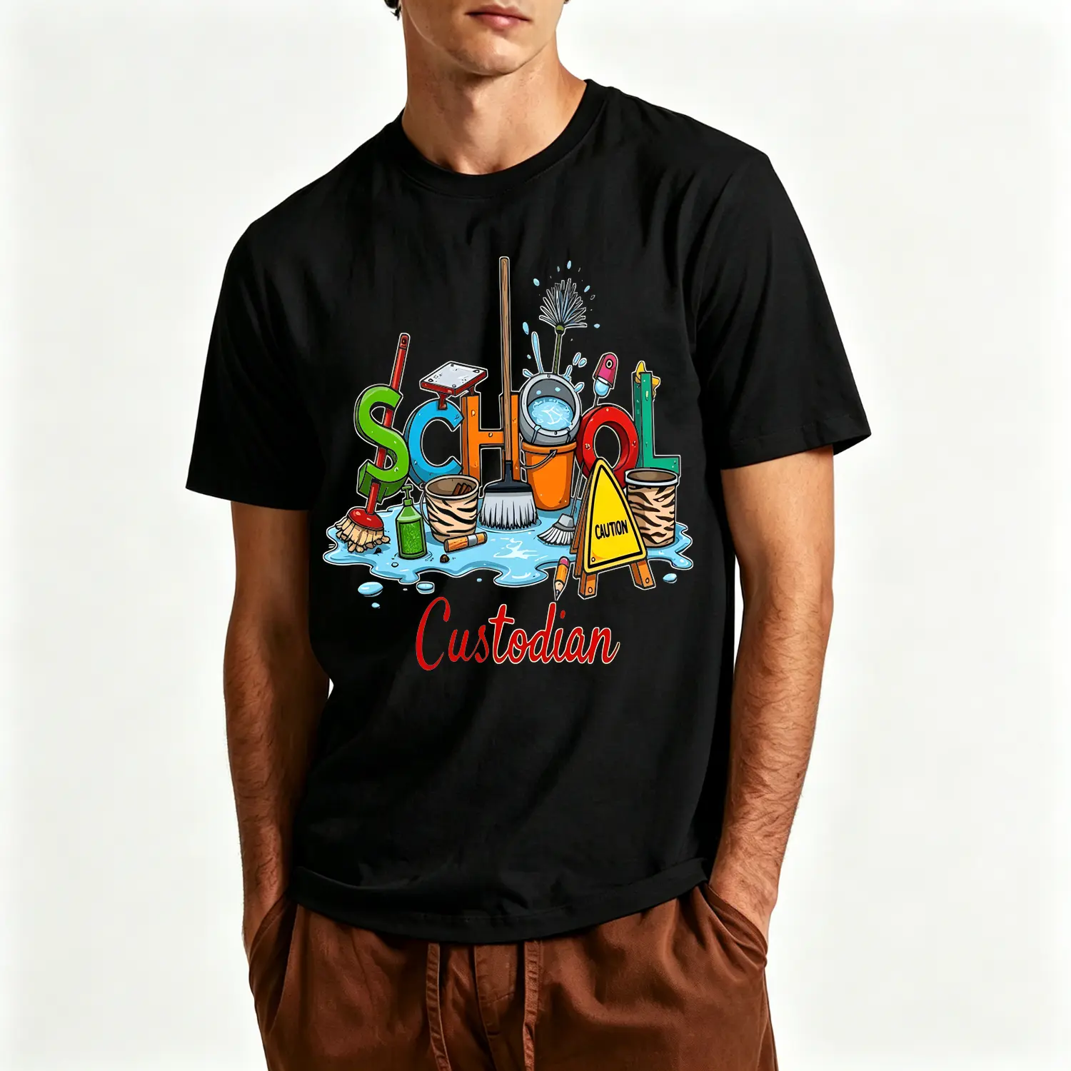 Mens Cotton T-shirt with School Custodian Cleaning Tools Graphic Design 01 New Trendy Printed Casual Unisex Outdoor Tee