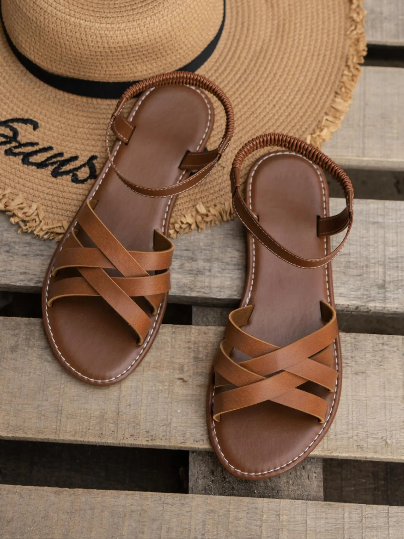 Women's Fashionable Plain Color Crossed Band Sandals, Casual Comfortable Ankle Flat Sandals for Summer, Lightweight Breathable Shoes for Beach Vacation, Footwear, Chic Summer Footwear, Braided Band Sandals, Braided Strap Sandals, Crossover Sandals