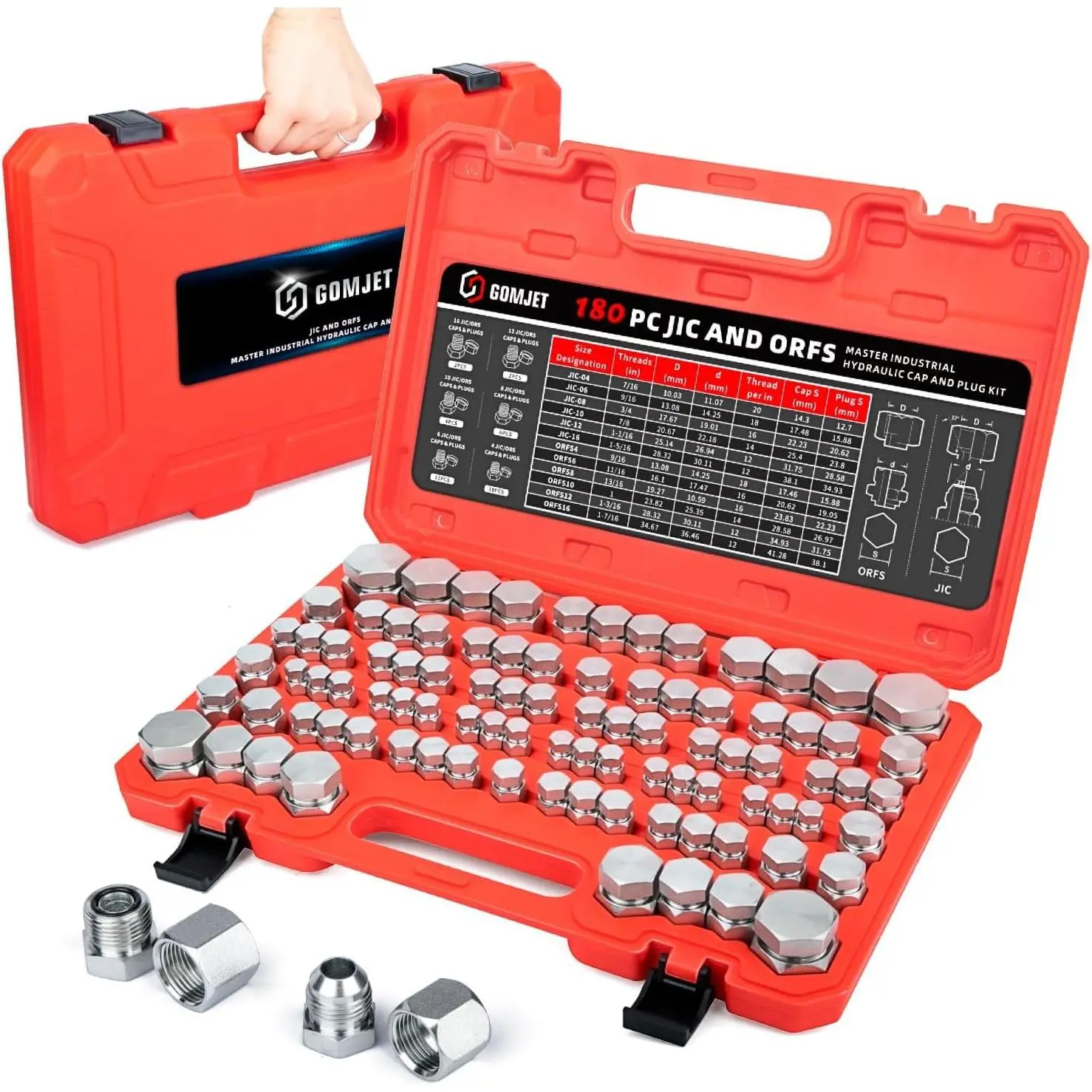 180 PC JIC and ORFS Master Industrial Hydraulic Cap and Plug Hose Tube and Pipe Fitting Kit Cap and Plug Kit Precision Threading in ORFS and 37° Dash Sizes 4 6 8 10 12 16