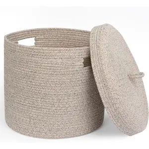 Storage Basket with Lid, Woven Blanket Storage for Living Room, Soft  Rope Bin with Lid, Round Wicker Laundry Basket with Cover, Lidded    Bin,  Organizer, 15" x 13"
