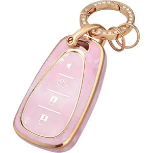 for Chevy Key Fob Cover with Keychain Car Key Fob Case for Chevrolet Malibu Equinox Camaro Cruze Tahoe Traverse Blazer Volt Bolt Smart Key Holder Car Accessories, Pink/Pattern Random