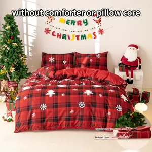 Christmas Theme Plaid Deer Snowflake Print Duvet Cover Set, 3pcs Faux Fur Bedding, Festive Home Decor, Cozy Winter Essentials