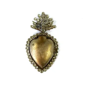 6" Rhinestone Sacred Heart Ex Voto Locket Ornament Engraved Antiqued Silver Milagro