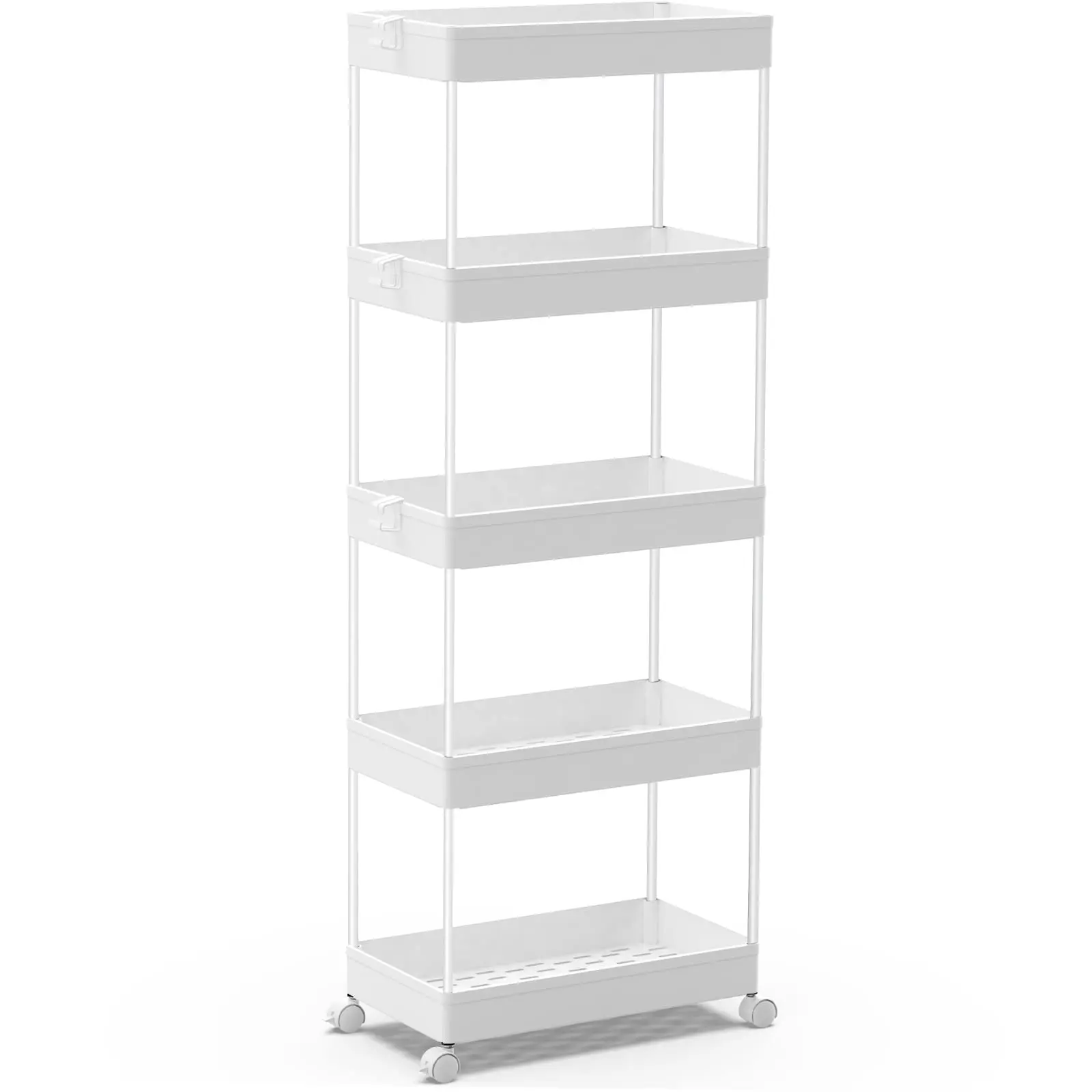 White 5-Tier Plastic Rolling Cart - Home Storage Organizer Utility Racks with Slide-Out Shelf, Mobile Shelving Unit for Bathroom, Kitchen, Living Room