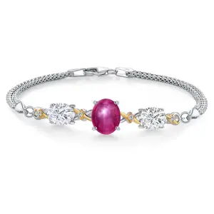 Gem Stone King 6.06 Cttw Red Created Star Ruby White Moissanite and Lab Grown Diamond Bracelet For Women | 925 Silver and 10K Yellow Gold | 10X8MM and 8X6MM | 6.5/7/7.5 Inch | Made in Italy
