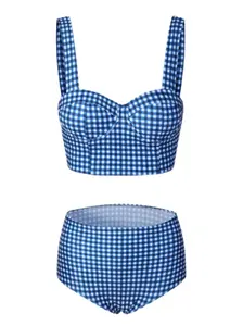 BLUE 1950S RETRO PLAID STRAP BIKINI SET Vintage Bathing Suits High Waist Tummy Control Push-Up Top Floral Swimsuits Comfortable Stylish TikTok Trending