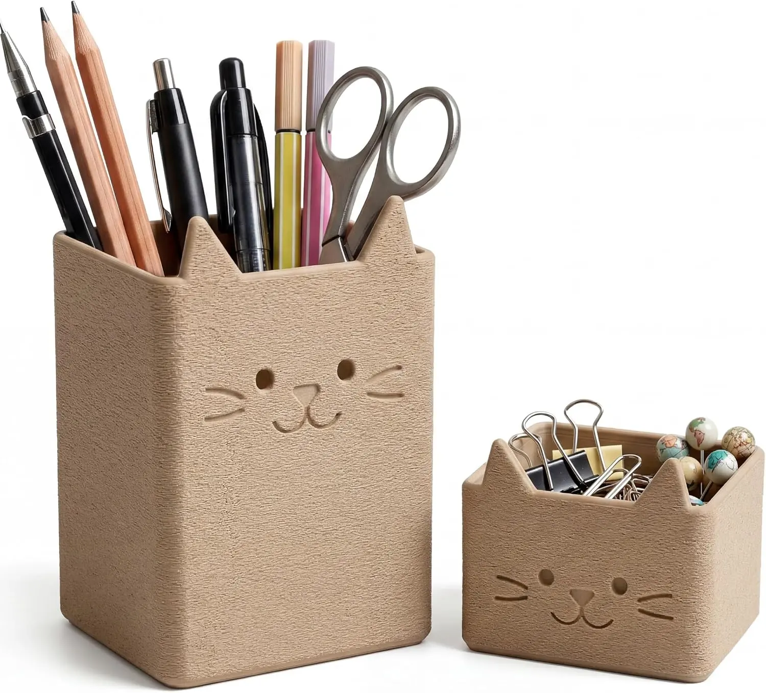 Cute Cat Pen Holder Set of 2, Pencil Cups with Drainage, Desk Organizer, Office Desk Accessories, Makeup Brush & Toothbrush Holder, Cat Lover Gifts
