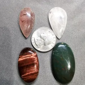 Cabochon Bundle Set of 4 for Wire Wrapping & Jewelry Making - Strawberry Quartz, Quartz, Red Tiger Eye, Bloodstone