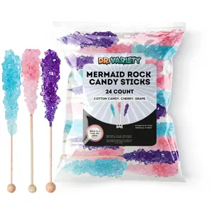 Mermaid Rock Candy Sticks – Pink, Light Blue & Purple Sugar Flavor, 24 Pack Bulk Individually Wrapped Edible Crystal Sticks for Mermaid-Themed Parties, Favors & Cake Decorations – By Dr. Variety
