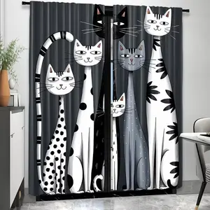 2 Piece Cat Print Curtains, Rod Pocket Design, Easy to Hang, Vibrant Semi-Transparent Privacy Curtains for Bedroom, Living Room, Kitchen