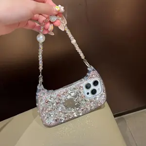 Luxurious 3D Heart-Shaped Mirror Glass Rhinestone Handbag Shell + Pearl Glitter Chain Phone Case, Compatible with Iphone 17 Pro Max/17 Pro/17/16/15/14/13/12.