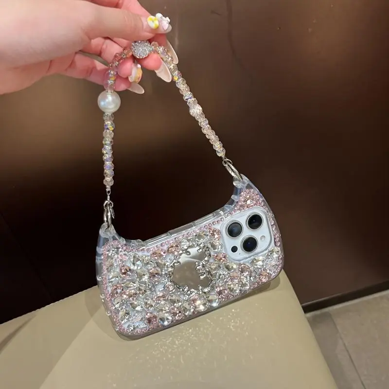 Luxurious 3D Heart-Shaped Mirror Glass Rhinestone Handbag Shell + Pearl Glitter Chain Phone Case, Compatible with Iphone 17 Pro Max/17 Pro/17/16/15/14/13/12.