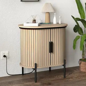 [summervibes] EBELLO Small Console Table, Grooved End Table with Charging Station, Mid-Century Modern Nightstand, Entryway Cabinet for Living Room, Bedroom, Small Spaces, Walnut