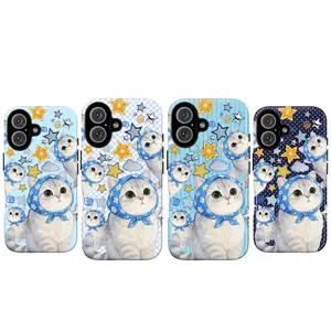 Cute Cat Blue Aesthetic Phone Case – Kawaii Sky Blue Kitten with Bow & Whimsical Star Accents, Fits for iPhone 17 16 15 14 13 12 11 & Samsung S25 S24 S23 S22| Adorable Cat Lover Gift for Her & Him, Coquette Blue Kitty Cute Aesthetic Cover