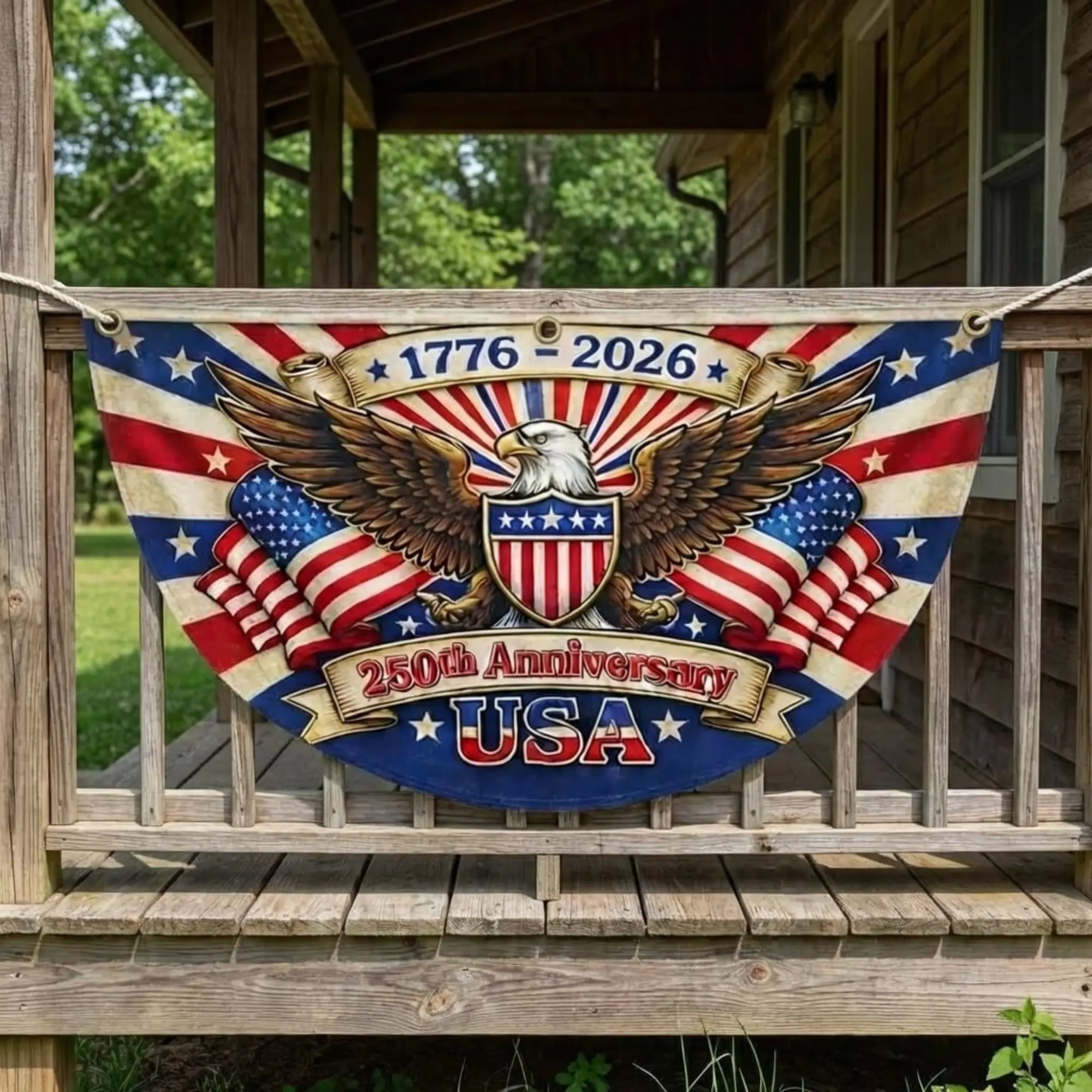 USA 250th Anniversary Semicircular Flag – 1776–2026 Patriotic Eagle Bunting Banne for Porch, Balcony, and Independence Day Display