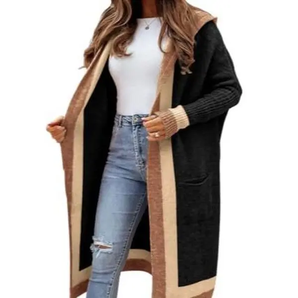 Chouyatou Women's Color Block Vertical Striped Open Front Oversized Hooded Long Cardigan Sweaters with Pockets Knitwear Tops Chouyatou Women's Color Block Vertical Striped Open Front Oversized Hooded Long Cardigan Sweaters with Pockets Knitwear Tops