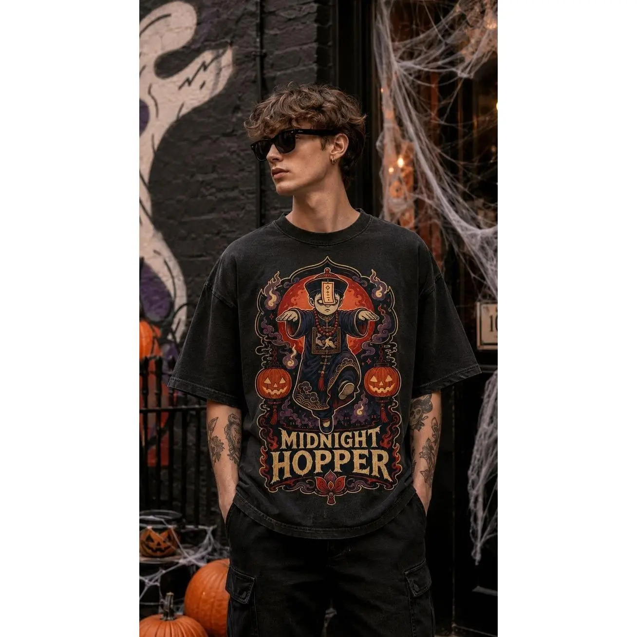Halloween Midnight Hopper Graphic T-Shirt Vintage Washed Cotton Oversized Casual Streetwear