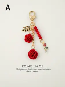 Single Red Rose & Camellia Resin Floral Keychain with Golden Lobster Clasp - Floral Pattern Keychain, Flower Keychain, Elegant Car Keychain, USB Disk Holder, Mother’s Day Gift for Women, Cute Keychain