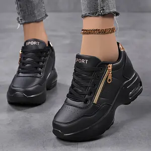 Sosenfer Women's Hidden Wedges Platform Sneakers Black & Low Top Lace Up Shoes Height Increase Sneakers Athletic Walking Shoes Heel Fashion with Air Cushion Womens - Lightweight, Breathable Mesh Casual Shoes, All-Season Comfort, Women