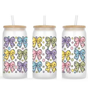 Easter Bows Frosted Glass Cup With Bamboo Lid and Reusable Straw. Sizes 16oz or 20oz Available.