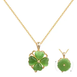 Women's Gold 4-Leaf Clover Rotatable Pendant Necklace with Artificial Jade, Artificial Gemstone Jewelry Accessory
