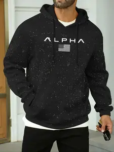 Men's Heavy Hoodie Sweatshirt, American Retro Street Style, "Alpha" Letter Printed hooded sweatshirt, Loose Casual Long Sleeve Pullover for Fall Outfits & Winter Outfits, Thick Soft Fabric, Men's Top for Daily Wear