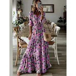 Women’s summer fashion floral print V-neck long skirt, elegant casual beach vacation skirt with a flared hem GARMENTARY
