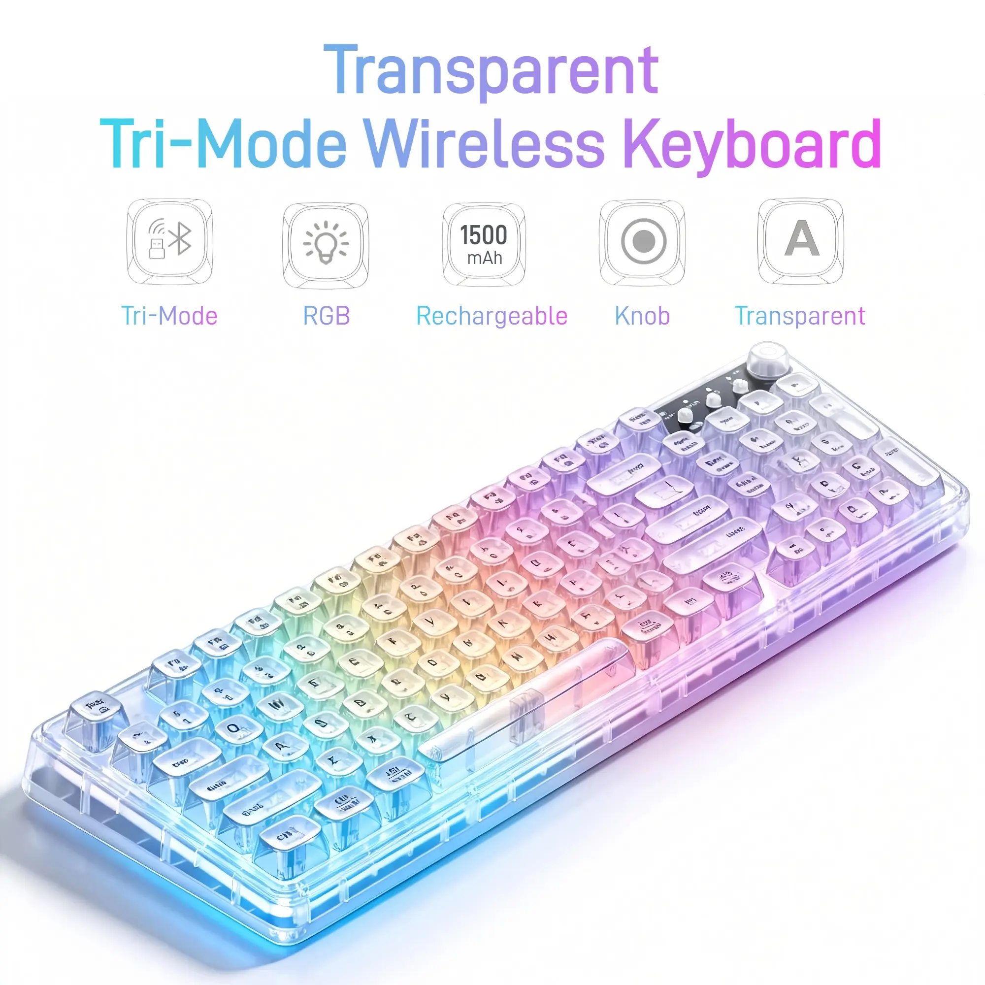 F99 Crystal Transparent RGB Wireless Keyboard with Mechanical Feel, 99-Key Tri-Mode Keyboard with Dual Bluetooth 5.0, 2.4G & USB-C, Rechargeable Backlit Keyboard with Volume Knob for Aesthetic Desk Setup, Gaming Room, Office & Back to School Gift