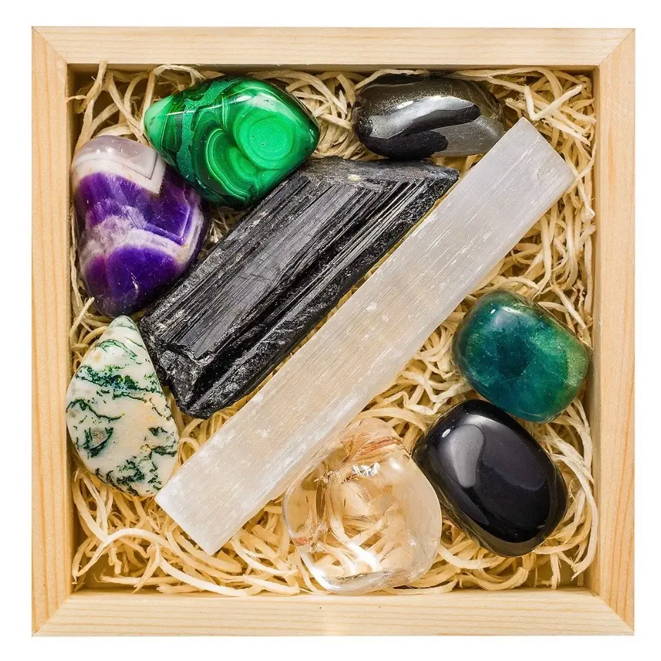 CRYSTALYA Protection Crystals and Healing Stones,100% Authentic, Wooden Gift Box + 50pg EBOOK- Obsidian, Fluorite, Malachite, Hematite, Amethyst, Selenite, Tourmaline + Info Guide, Made in USA
