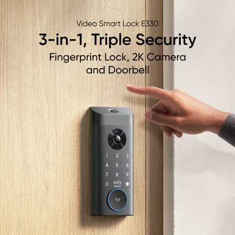 eufy Security E330 3-in-1 Home Security System - Rechargeable Wireless Doorbell Camera + Fingerprint Keyless Entry Smart Door Lock, 10000mAh, Weatherproof, BHMA Certified, Alexa Compatible, Easy Installation, 2K HD, WiFi, App Remote Access, No Monthly Fee
