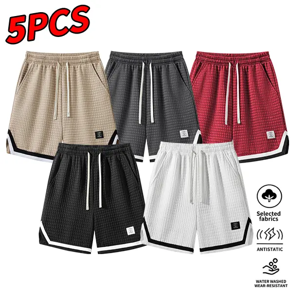 Men's 5 Pack Retro Waffle Knit Athletic Shorts, Breathable Loose-Fit Lounge Wear with Adjustable Drawstring for Gym, Camping&Hiking, Climbing, Baseball, Polyester