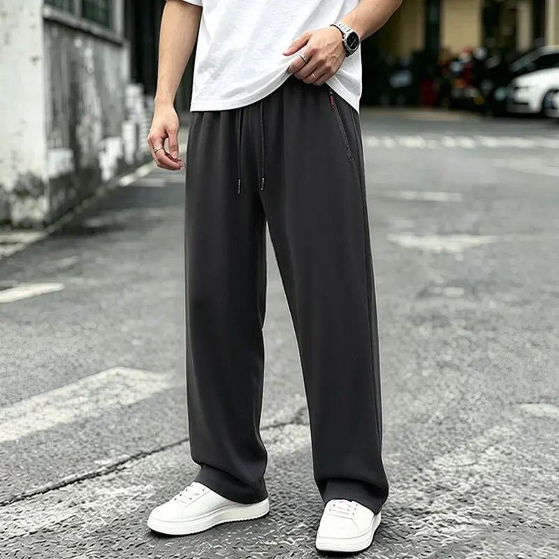 Men's Cargo Trousers - Menswear with Contrast Stitching, Wide Legs, Elastic Waistband, Soft Relaxed Fit, Plain Stylish for Urban Streetwear, Casual Outfits, Sneakers