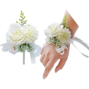 2 Pack Flower Wrist Corsage Boutonniere Set,3" Artificial Rose and Carnation Handmade Silk Flower for Wedding Flowers Accessories Prom Suit Decor(White)