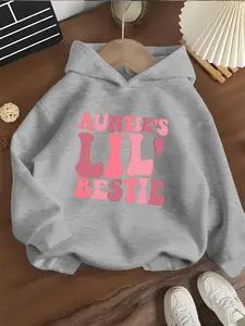 Girls' Hooded Sweatshirt 'auntie's Little Buddy,' Gradient Text Design, Casual Fitted Pullover, Soft Fabric, Parent-Child Style, Graphic Print Hoodie