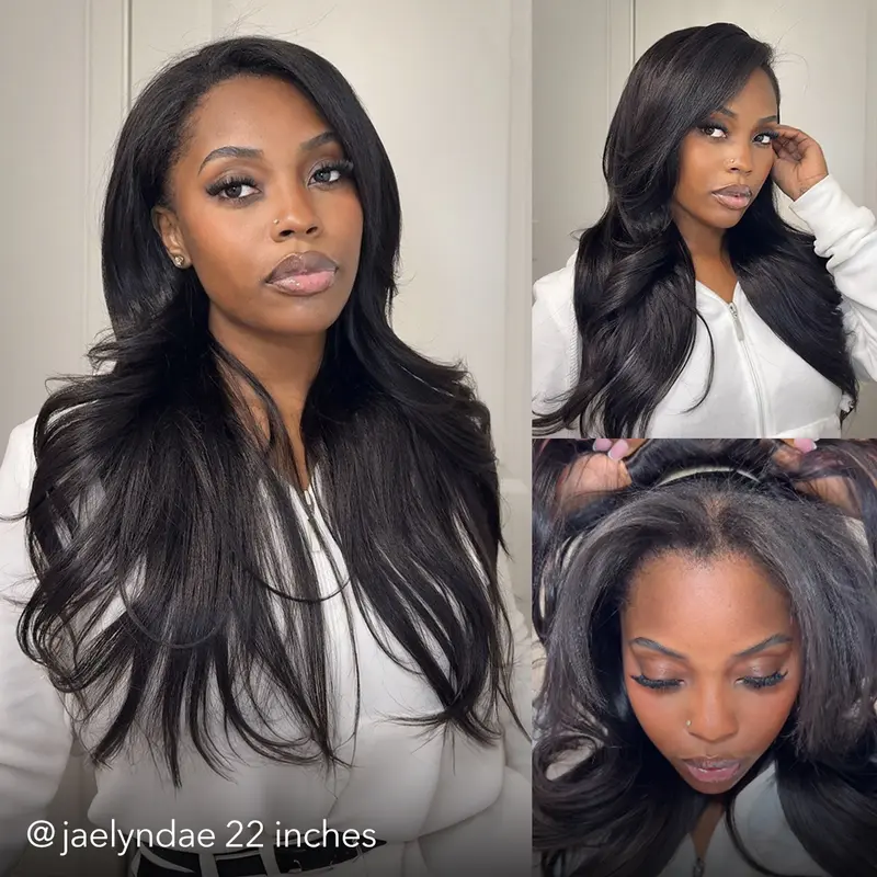 [3 In 1 Half Wig] Wavymy Pre-Styled Upgrade Drawstring Seamless Flip Over Lazy Layered Yaki Wave - 100% Human Hair, 200% Density, 14 Inches, Glueless On-Off-And-Go, Female Beginner Friendly Wig