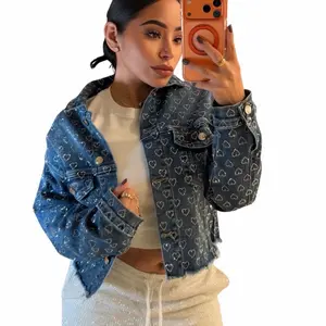 Heart Denim Rhinestone Jacket - Women Trends Full Stone