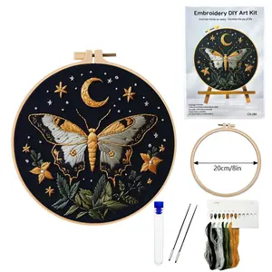 Beginner Embroidery Kit, Elegant Butterfly-Moon Cross Stitch Set with Printed Cotton Fabric, Threads and Needles, DIY Craft Supplies