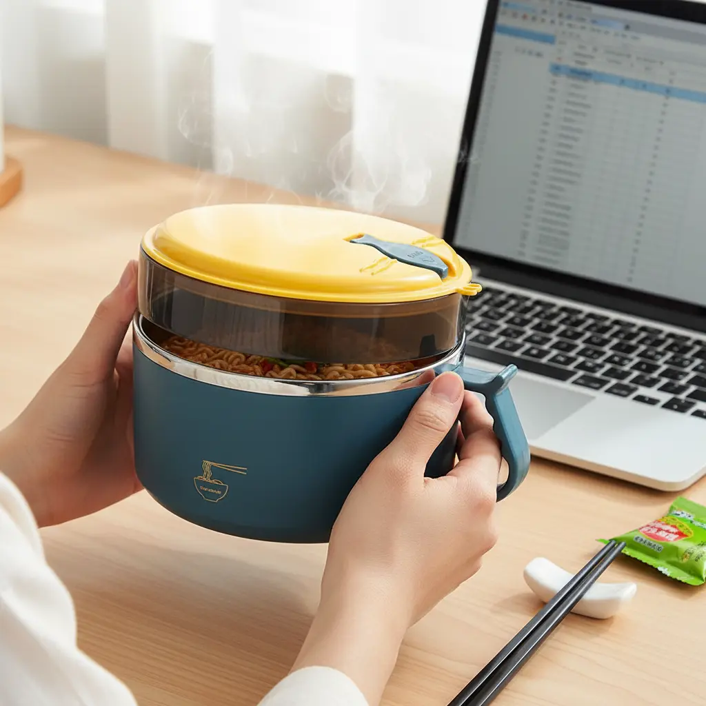 304 Stainless Steel Instant Noodle Bowl with Lid, 1500ML Portable Bento Box