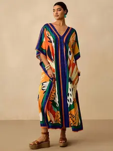 Women's Middle Eastern Muslim Traditional Long Robe Dress, Kaftan Boubou Robe, beach kaftans, Casual V-Neck Print Beachwear, Elegant Vacation, Comfortable & Stylish