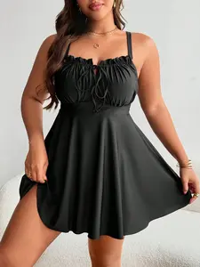 Swim Lushoire Plus Size Black Ruffled Tie Front Tankini Swimdress – Summer Beach Vacation Swimwear